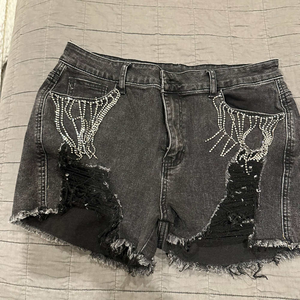 Embellished Black Denim Shorts